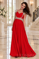 red one-shoulder chiffon a-line prom dress with beaded strap and waist