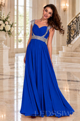 royal-blue one-shoulder chiffon a-line prom dress with beaded strap and waist