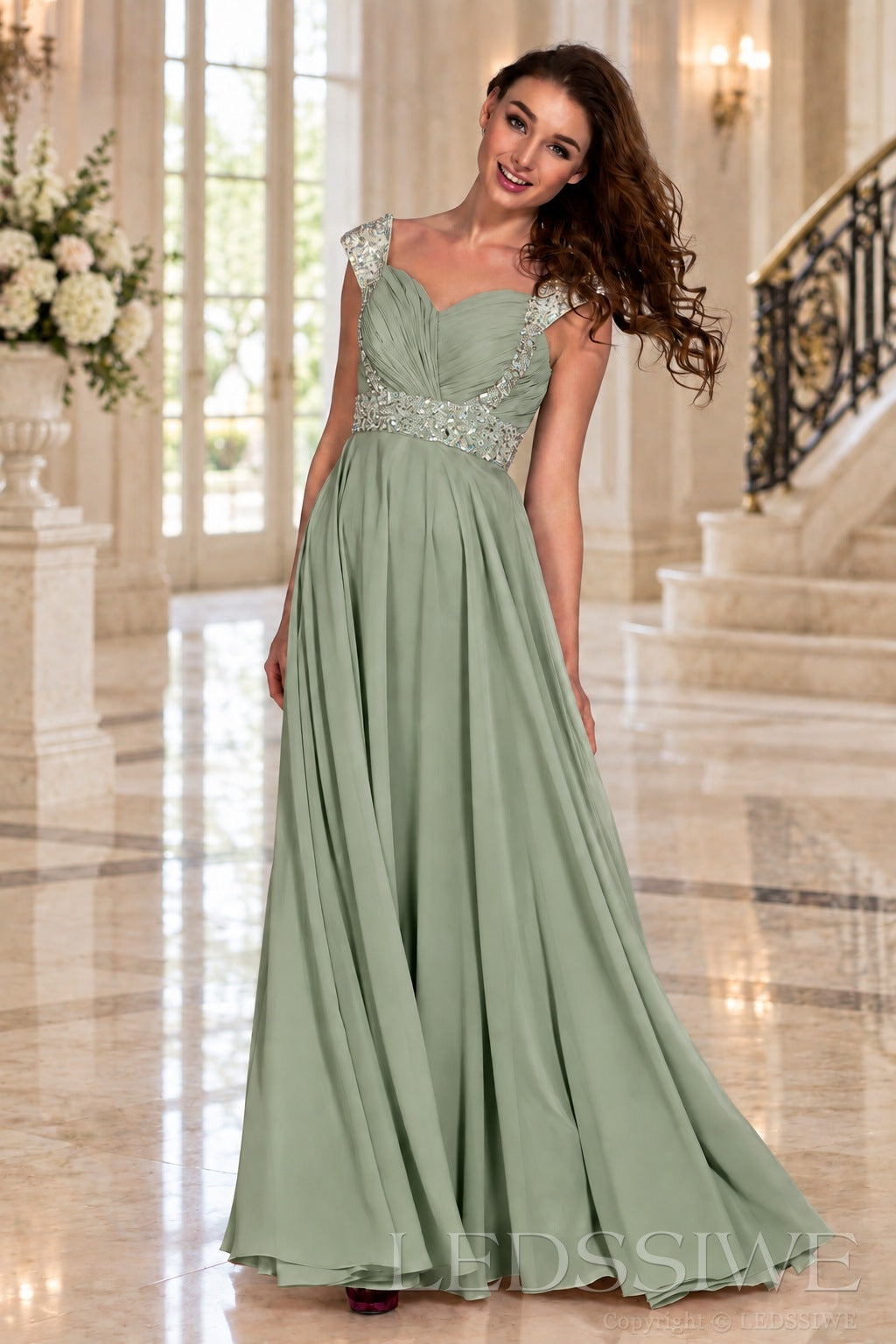 sage one-shoulder chiffon a-line prom dress with beaded strap and waist