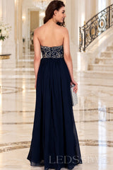 navy blue strapless chiffon sweetheart a-line prom dress with beaded corset bodice back view