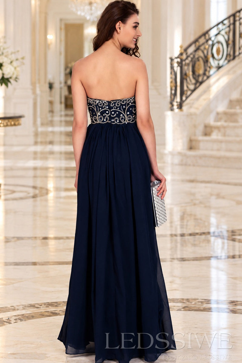 navy blue strapless chiffon sweetheart a-line prom dress with beaded corset bodice back view