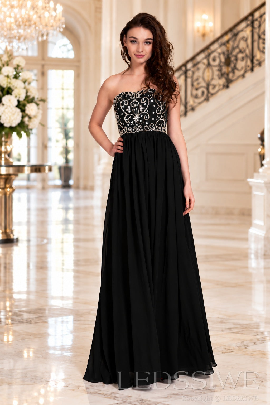 black strapless chiffon sweetheart a-line prom dress with beaded corset bodice