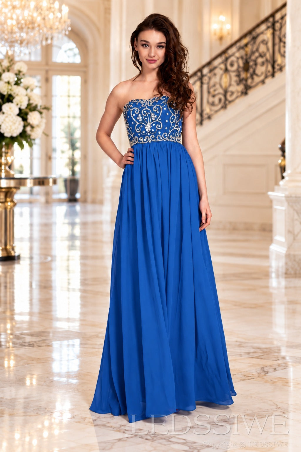 blue strapless chiffon sweetheart a-line prom dress with beaded corset bodice