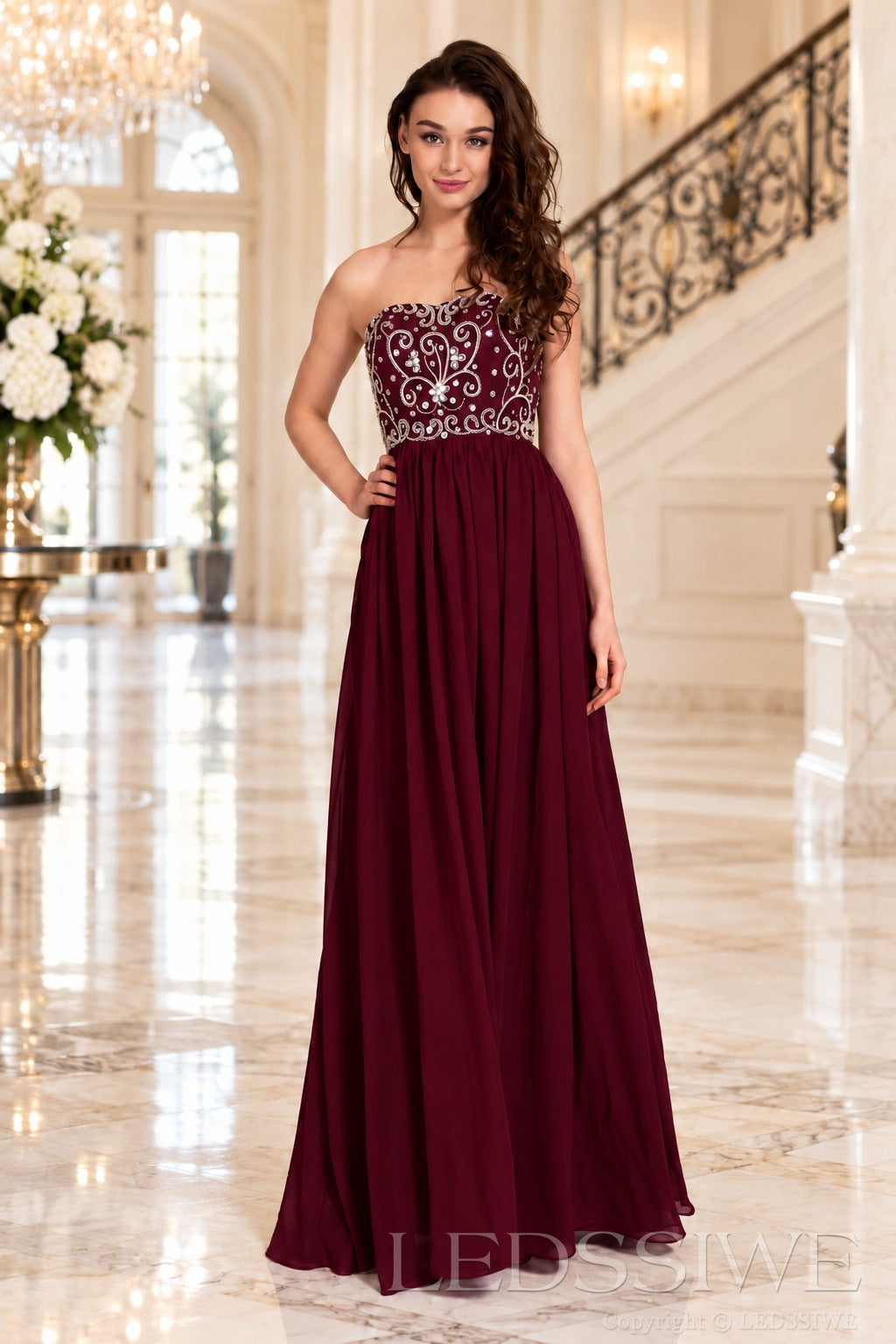 burgundy strapless chiffon sweetheart a-line prom dress with beaded corset bodice