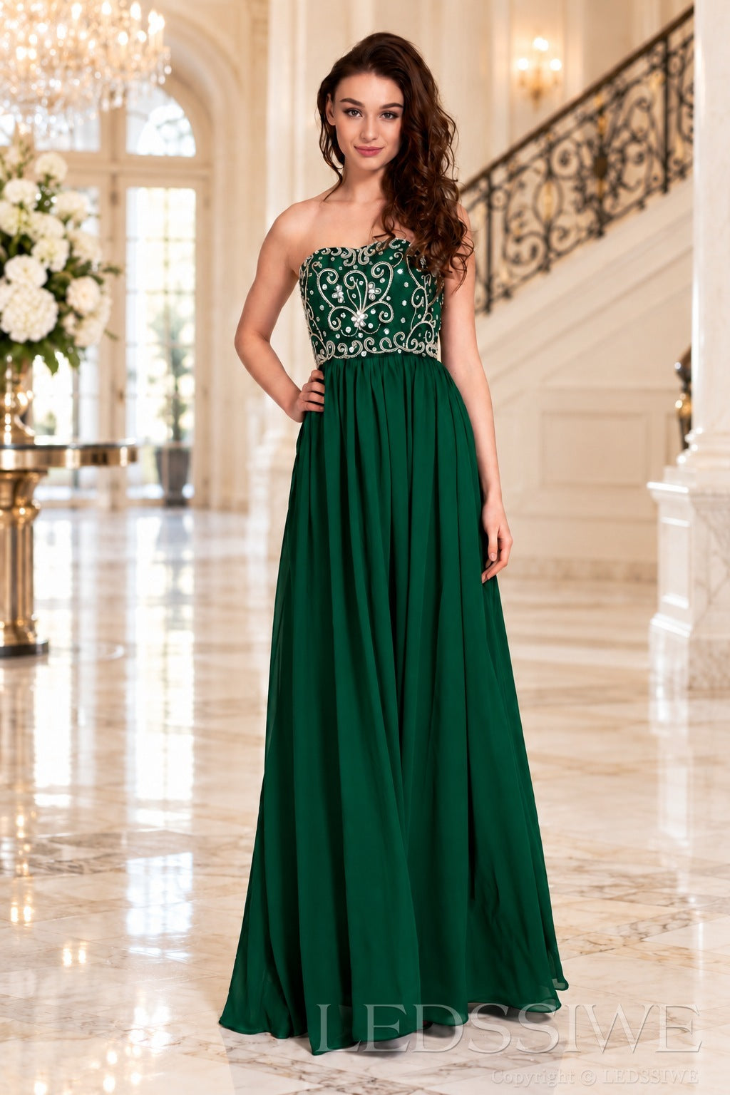 emerald strapless chiffon sweetheart a-line prom dress with beaded corset bodice