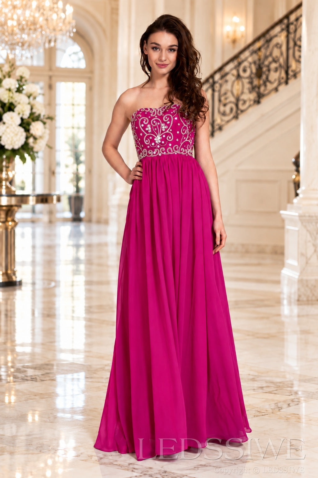 fuchsia strapless chiffon sweetheart a-line prom dress with beaded corset bodice