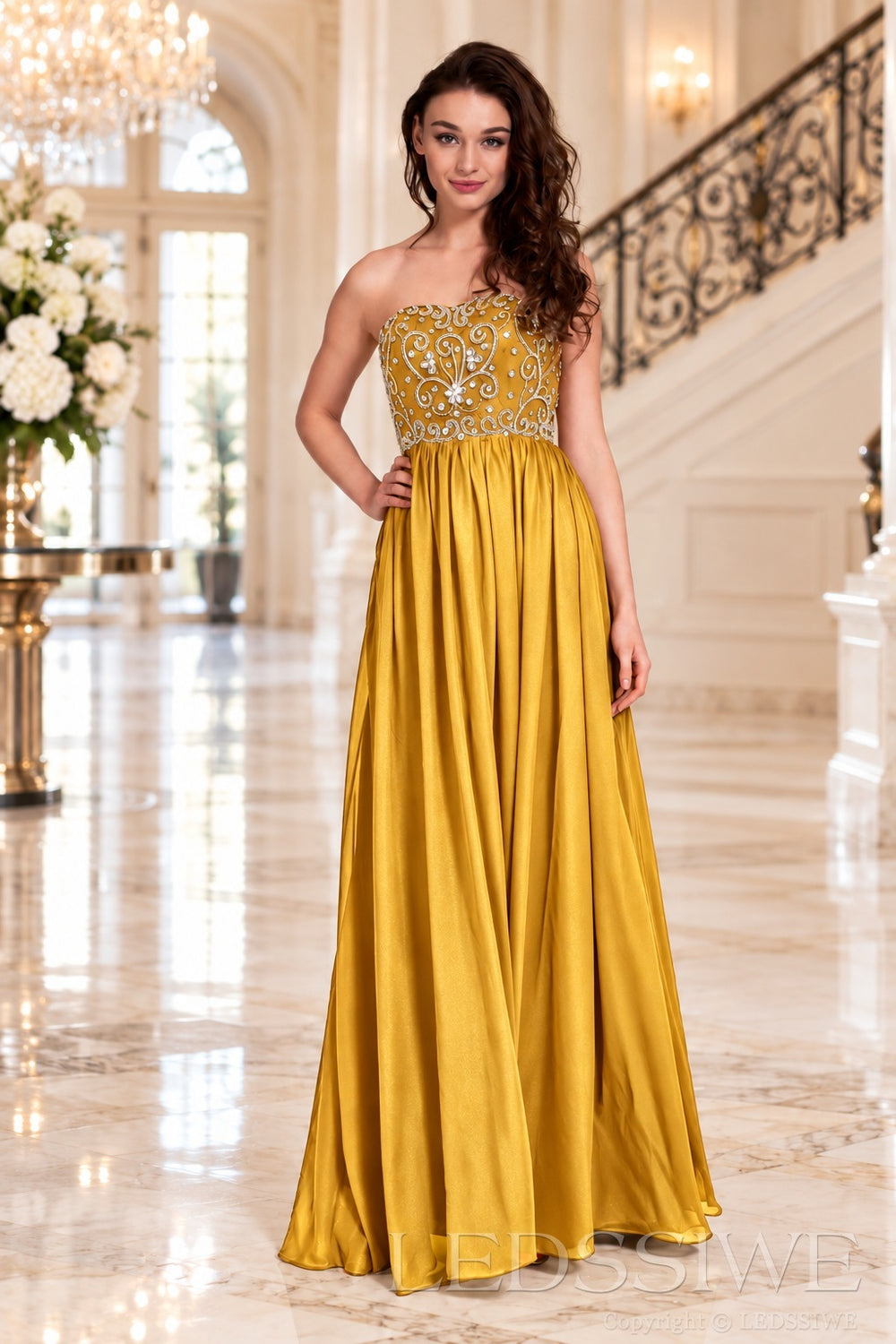 gold strapless chiffon sweetheart a-line prom dress with beaded corset bodice