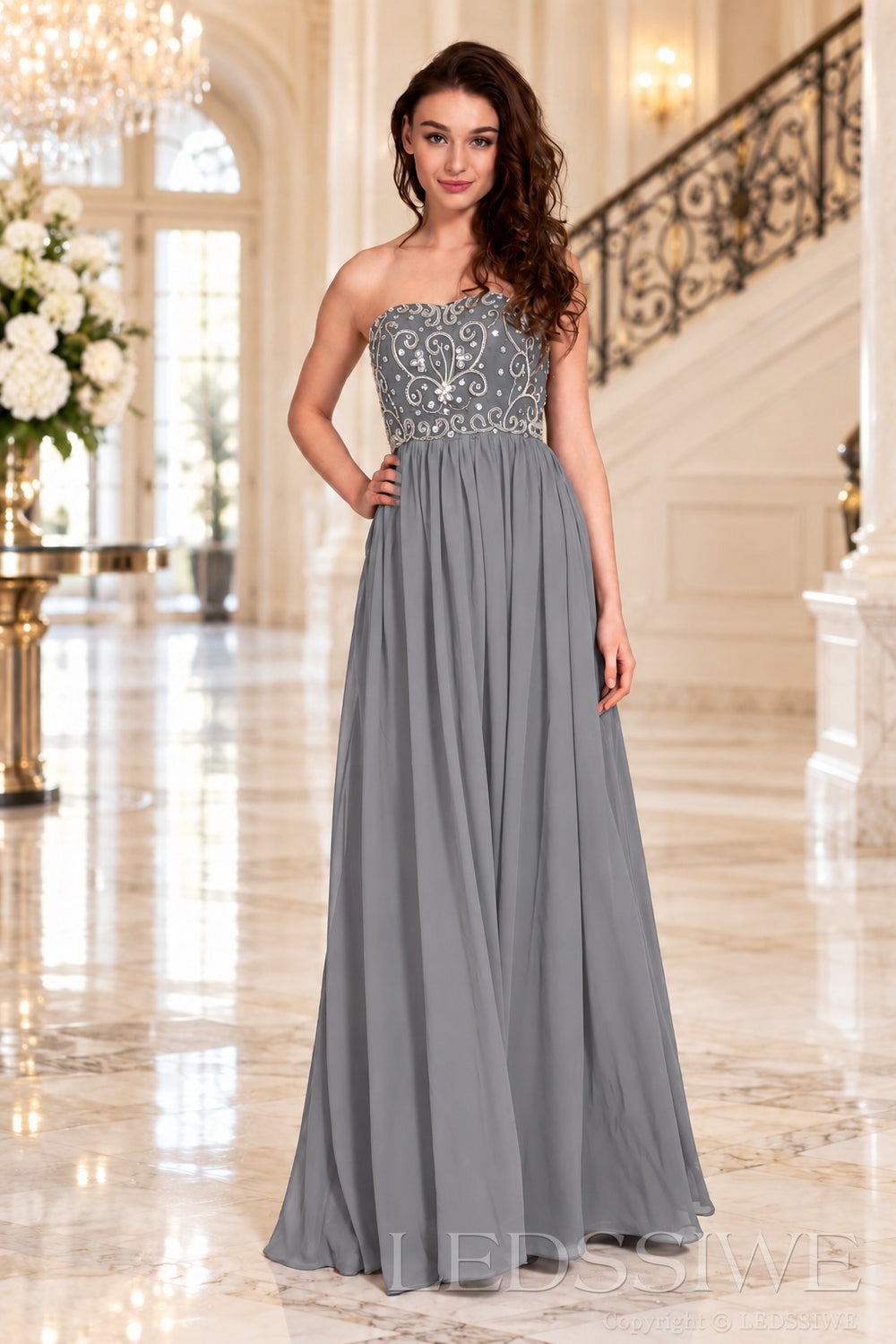 grey strapless chiffon sweetheart a-line prom dress with beaded corset bodice