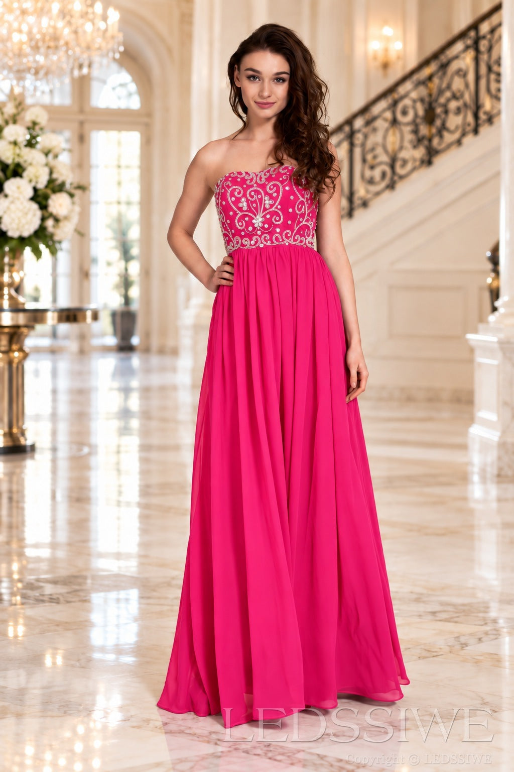 hot-pink strapless chiffon sweetheart a-line prom dress with beaded corset bodice