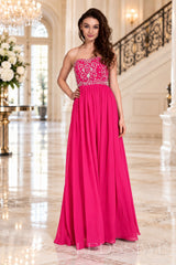 hot-pink strapless chiffon sweetheart a-line prom dress with beaded corset bodice