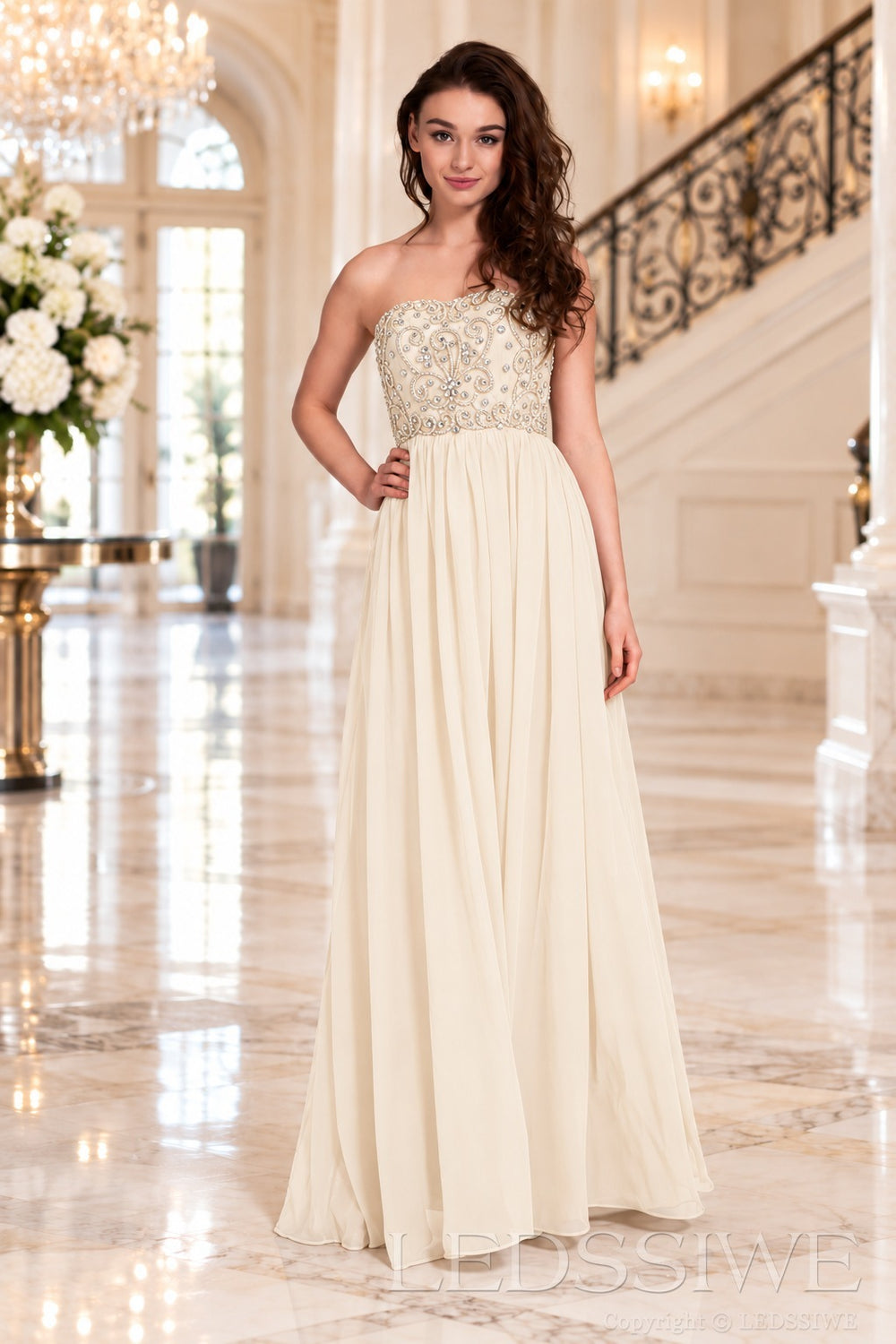 ivory strapless chiffon sweetheart a-line prom dress with beaded corset bodice