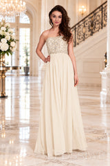 ivory strapless chiffon sweetheart a-line prom dress with beaded corset bodice