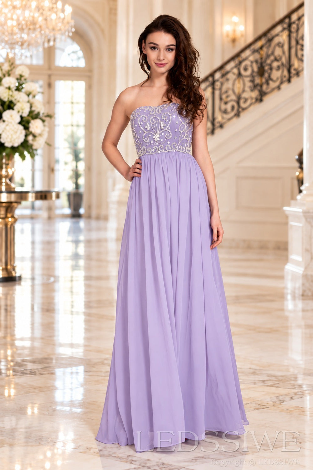 lavender strapless chiffon sweetheart a-line prom dress with beaded corset bodice