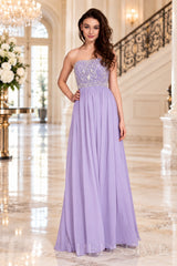 lavender strapless chiffon sweetheart a-line prom dress with beaded corset bodice