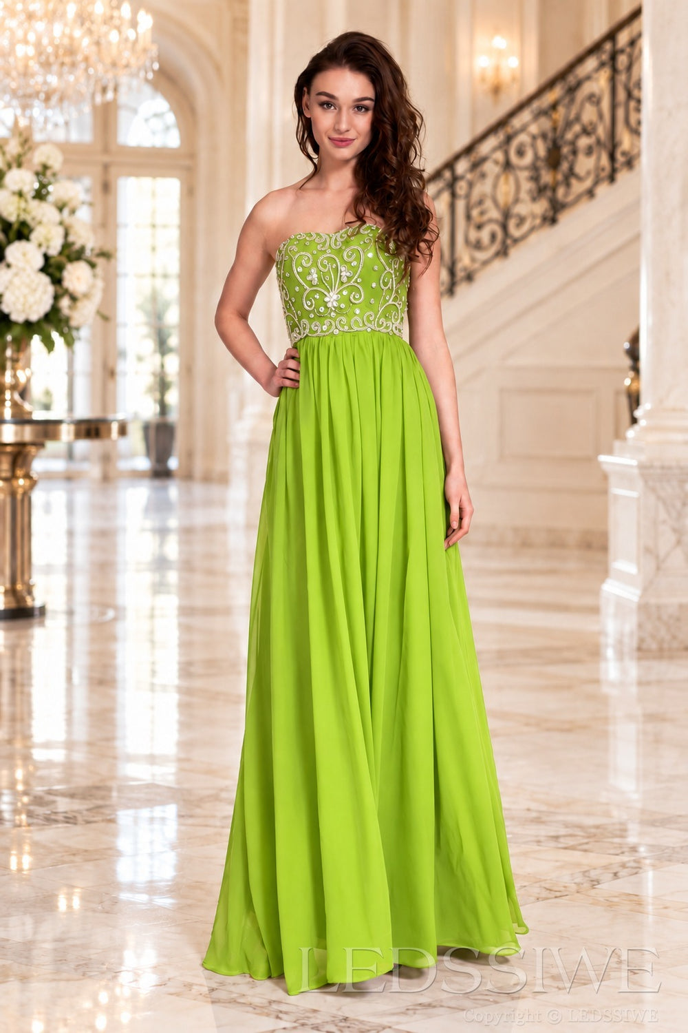 lime-green strapless chiffon sweetheart a-line prom dress with beaded corset bodice