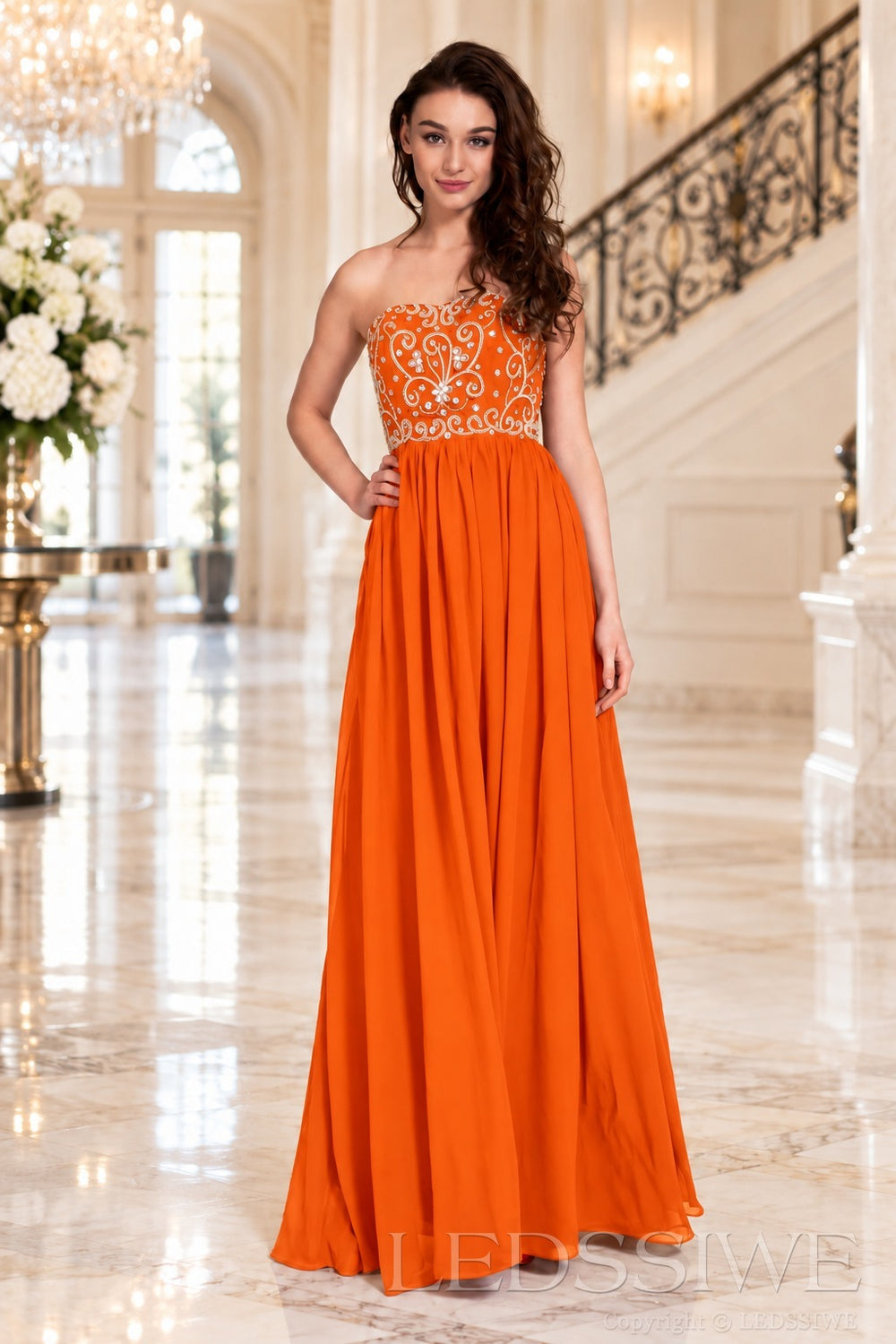 orange strapless chiffon sweetheart a-line prom dress with beaded corset bodice
