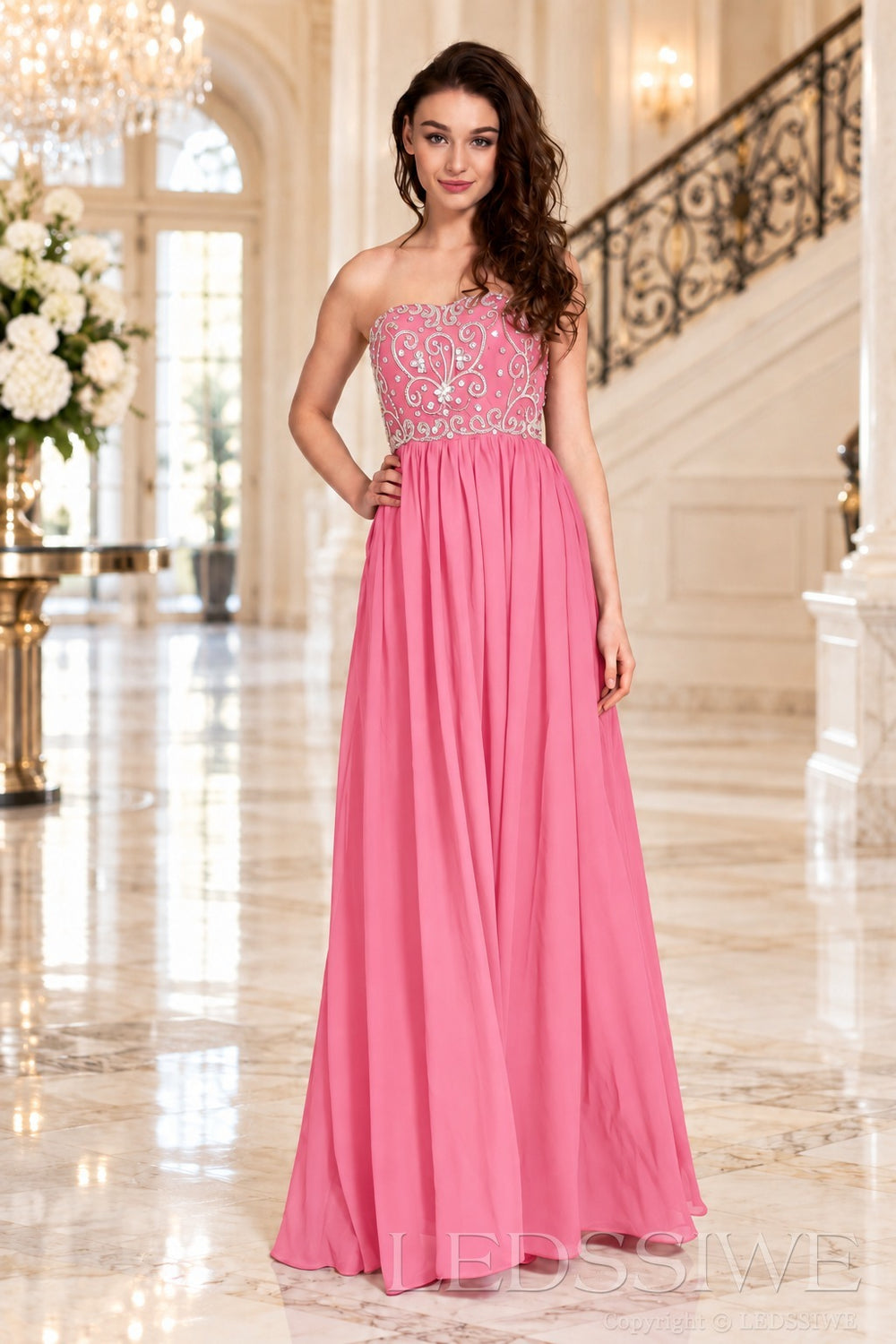 pink strapless chiffon sweetheart a-line prom dress with beaded corset bodice
