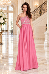 pink strapless chiffon sweetheart a-line prom dress with beaded corset bodice