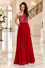 red strapless chiffon sweetheart a-line prom dress with beaded corset bodice