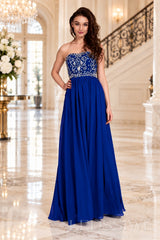 royal-blue strapless chiffon sweetheart a-line prom dress with beaded corset bodice