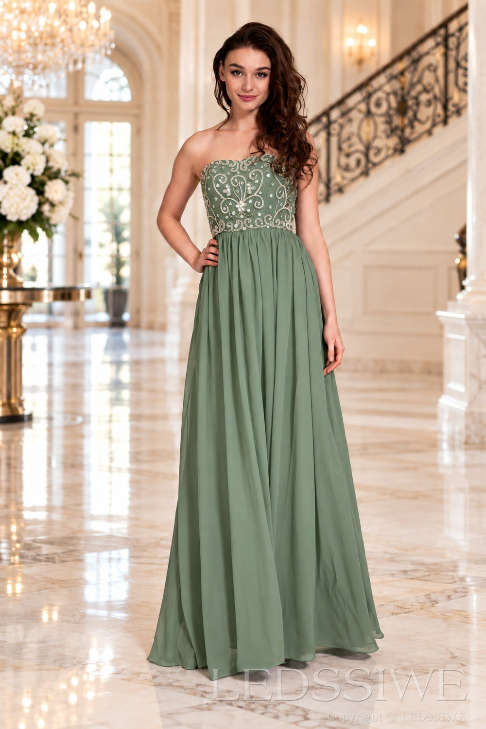 sage strapless chiffon sweetheart a-line prom dress with beaded corset bodice