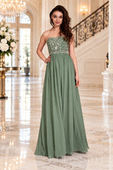 sage strapless chiffon sweetheart a-line prom dress with beaded corset bodice