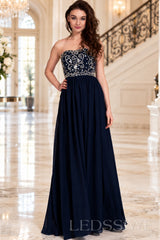 navy blue strapless chiffon sweetheart a-line prom dress with beaded corset bodice front view