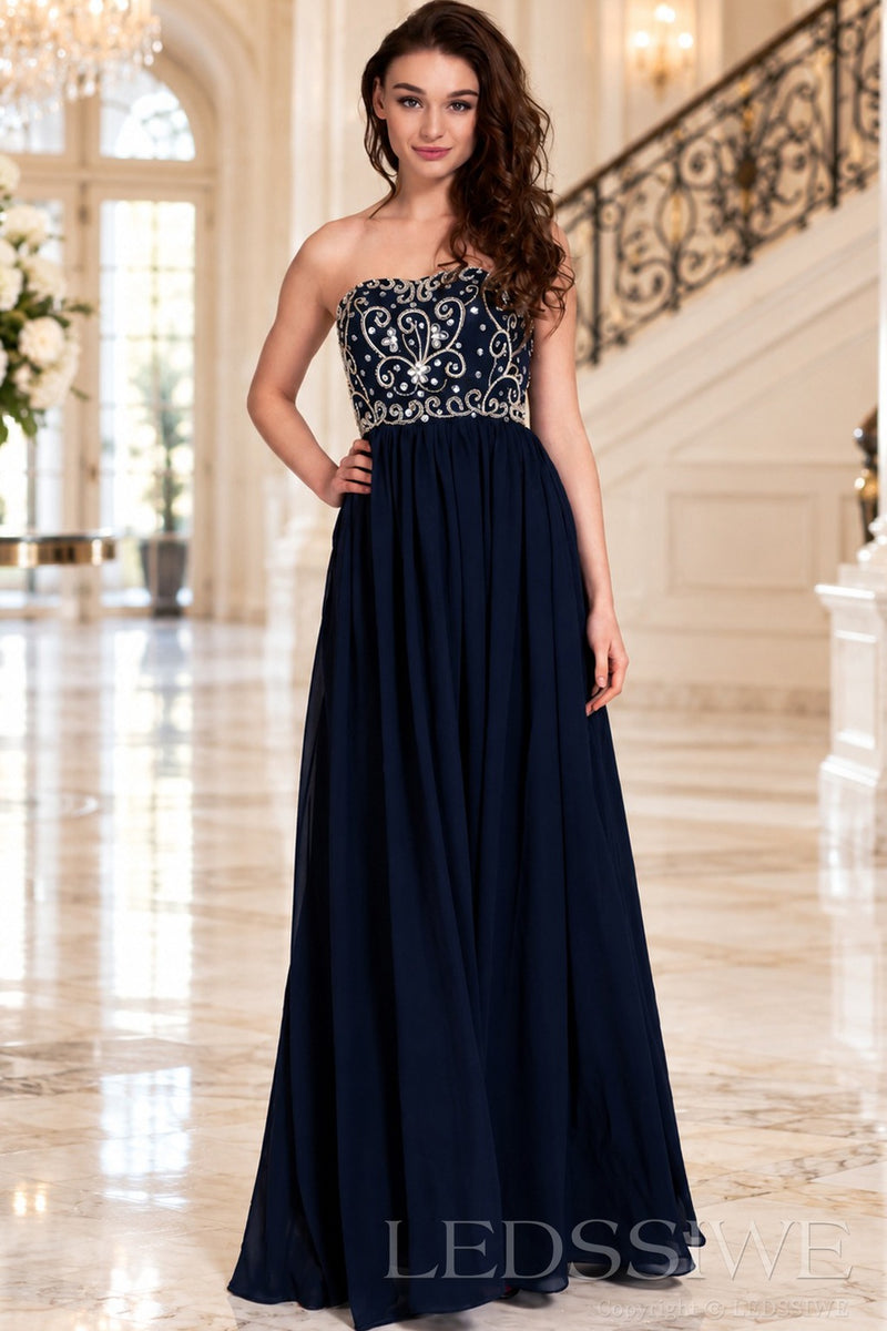 navy blue strapless chiffon sweetheart a-line prom dress with beaded corset bodice front view