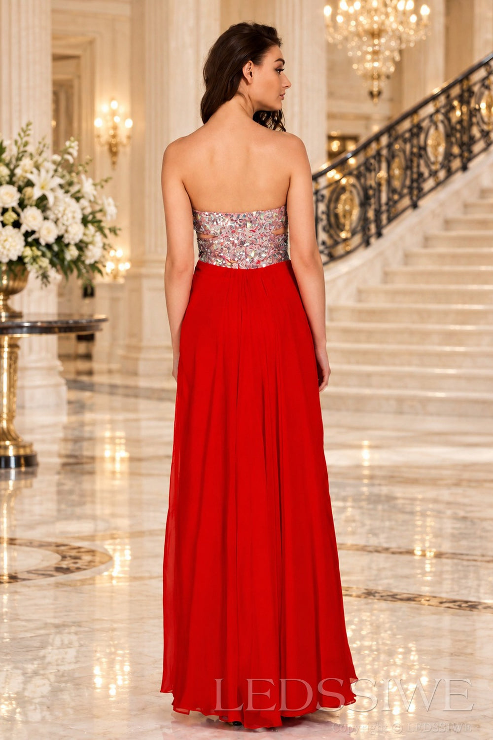 red strapless sequin sweetheart a-line prom dress with cutout corset bodice back view