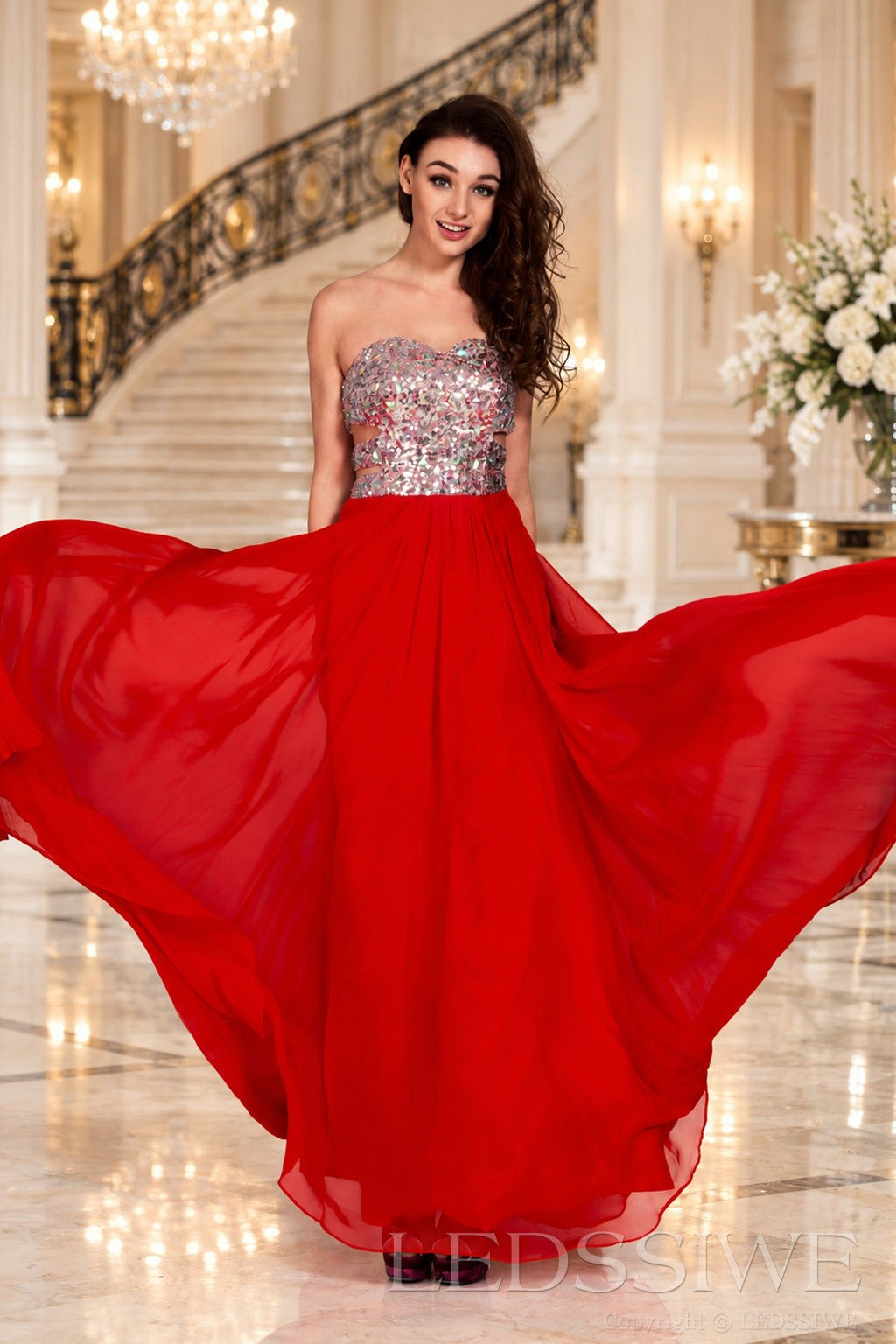 red strapless sequin sweetheart a-line prom dress with cutout corset bodice side view