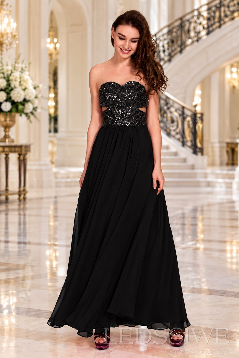 black strapless sequin sweetheart a-line prom dress with cutout corset bodice