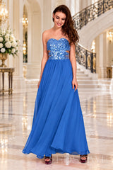 blue strapless sequin sweetheart a-line prom dress with cutout corset bodice