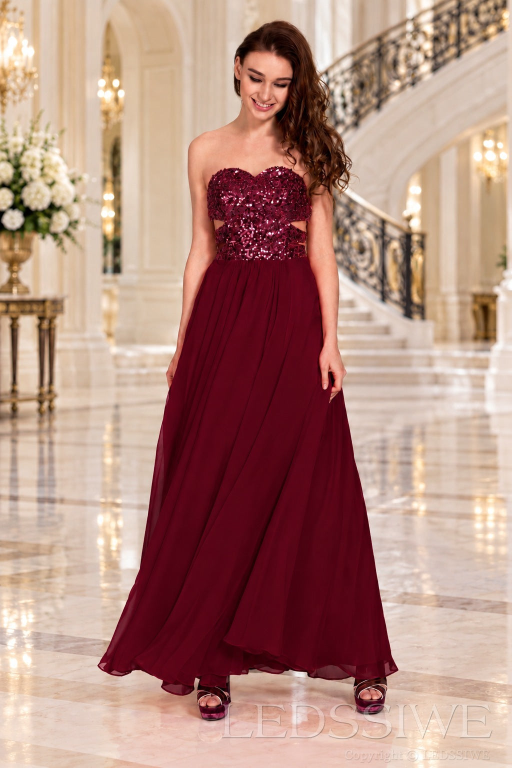 burgundy strapless sequin sweetheart a-line prom dress with cutout corset bodice