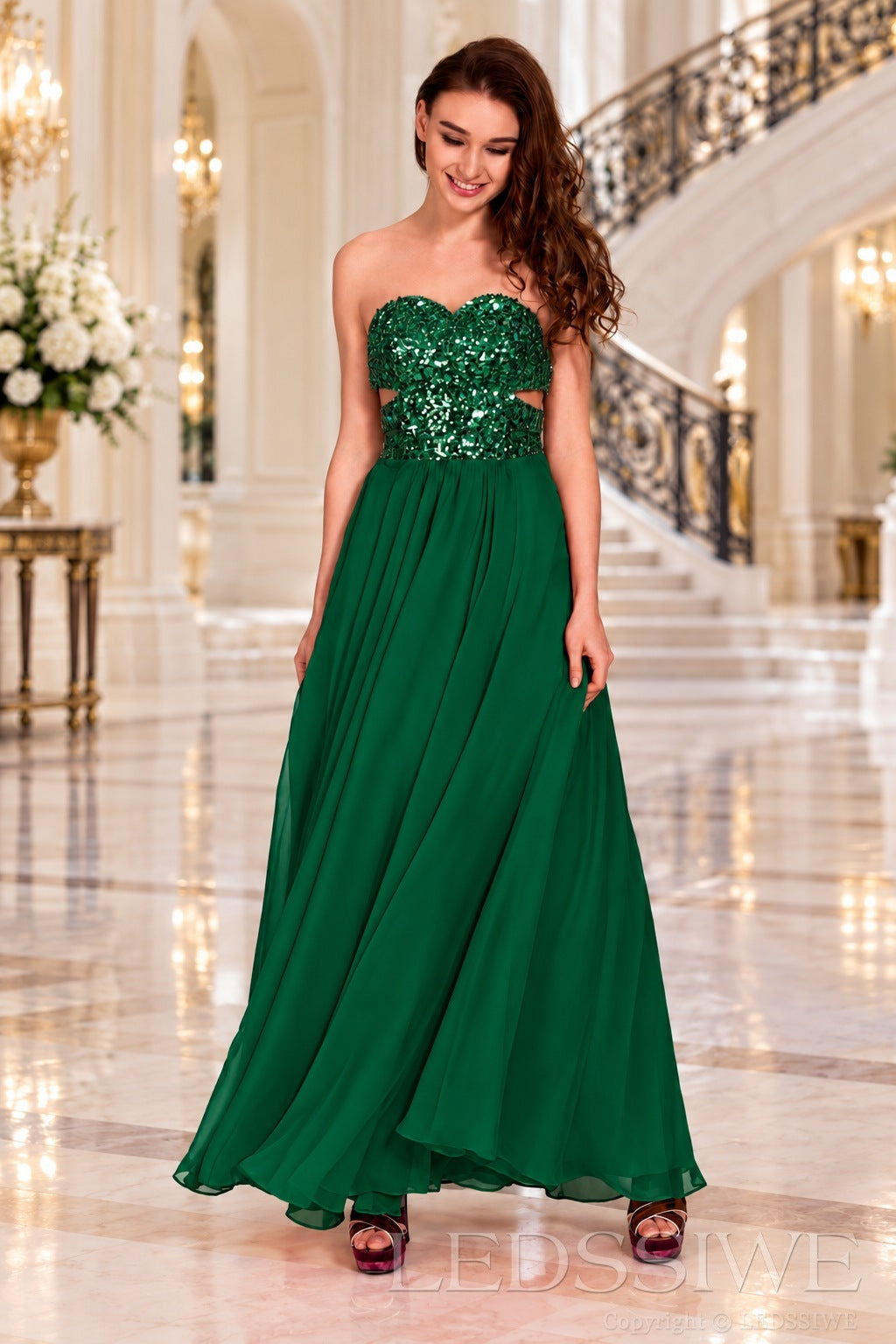 emerald strapless sequin sweetheart a-line prom dress with cutout corset bodice