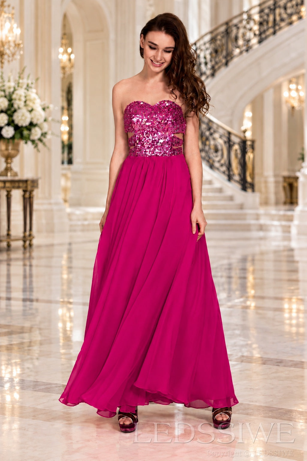 fuchsia strapless sequin sweetheart a-line prom dress with cutout corset bodice