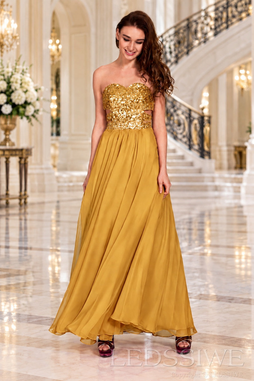 gold strapless sequin sweetheart a-line prom dress with cutout corset bodice