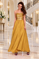 gold strapless sequin sweetheart a-line prom dress with cutout corset bodice