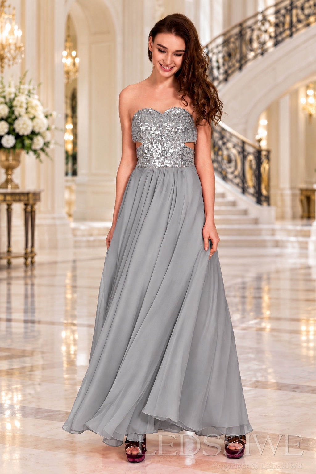 grey strapless sequin sweetheart a-line prom dress with cutout corset bodice