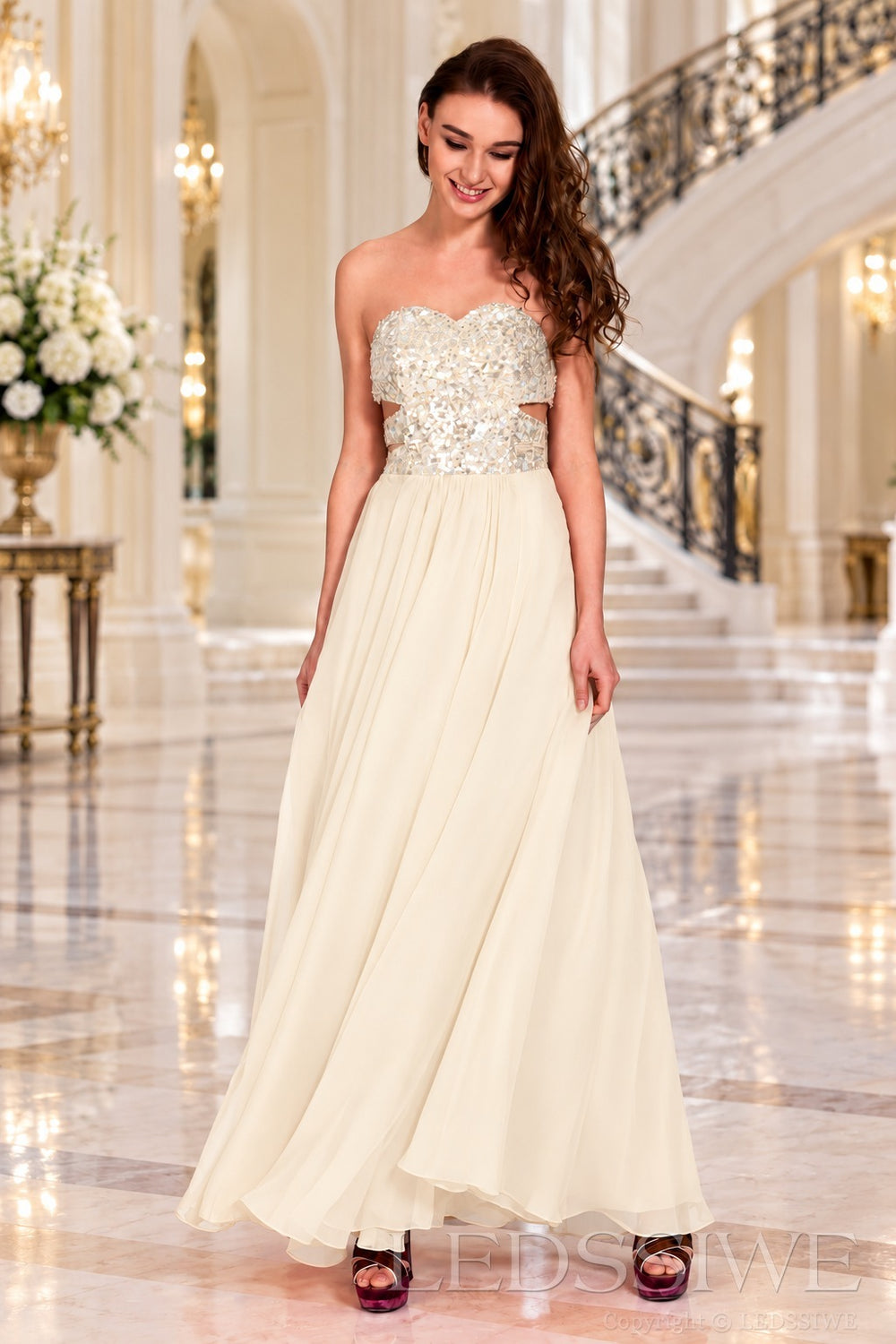 ivory strapless sequin sweetheart a-line prom dress with cutout corset bodice