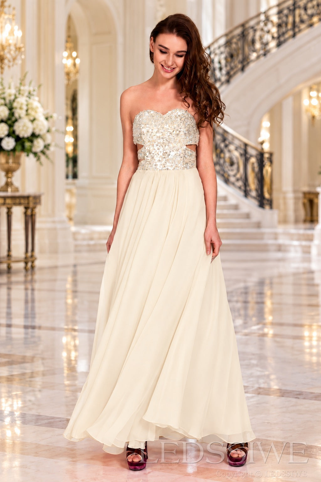 ivory strapless sequin sweetheart a-line prom dress with cutout corset bodice
