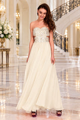 ivory strapless sequin sweetheart a-line prom dress with cutout corset bodice