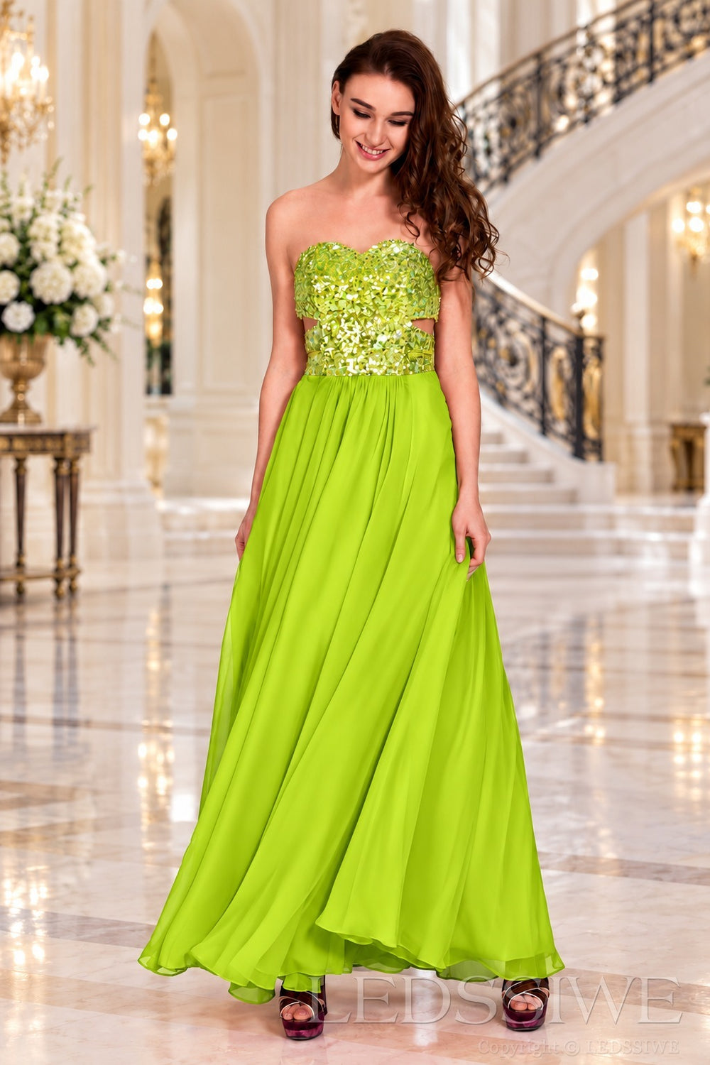 lime-green strapless sequin sweetheart a-line prom dress with cutout corset bodice