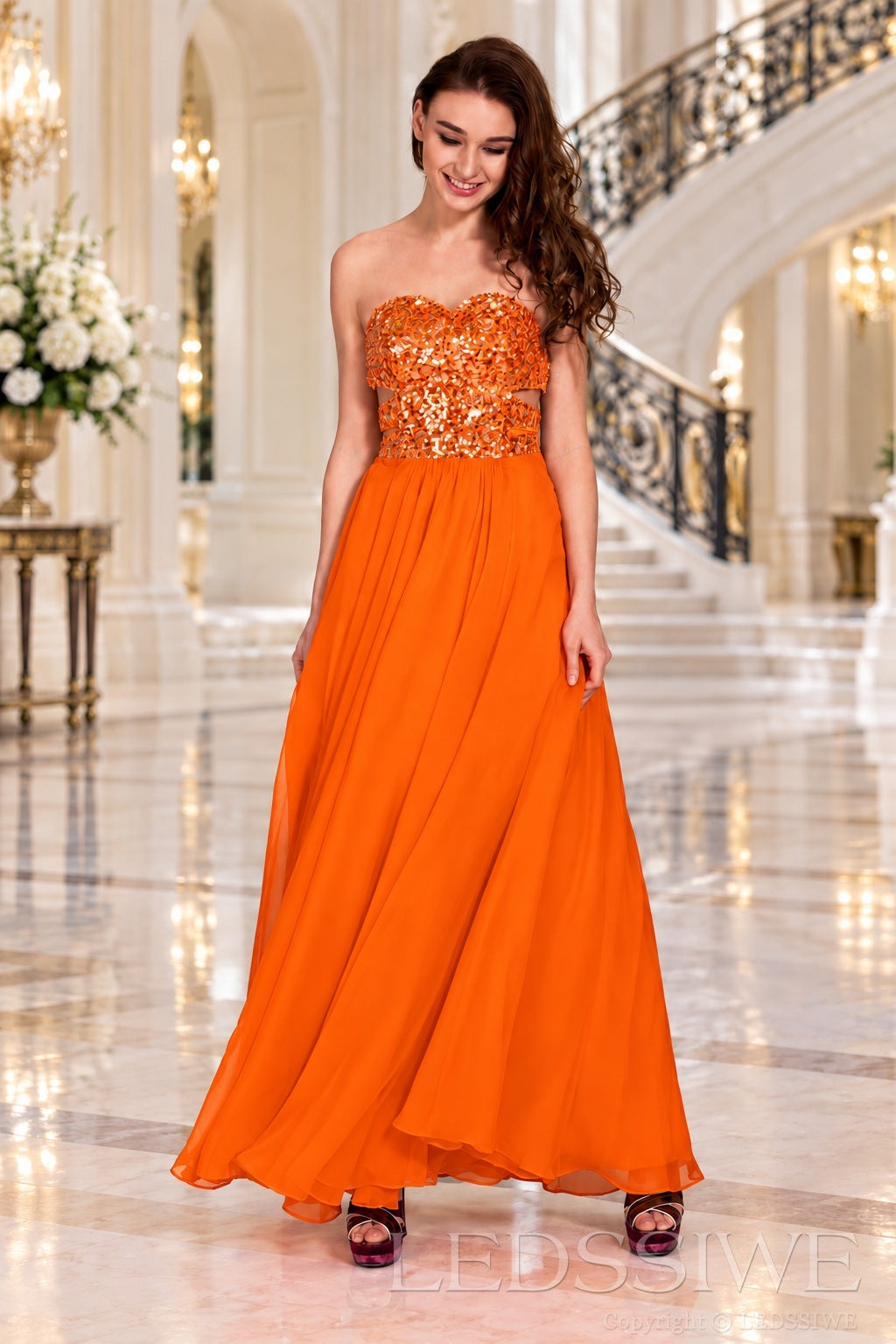orange strapless sequin sweetheart a-line prom dress with cutout corset bodice