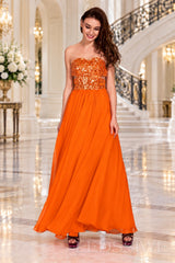 orange strapless sequin sweetheart a-line prom dress with cutout corset bodice