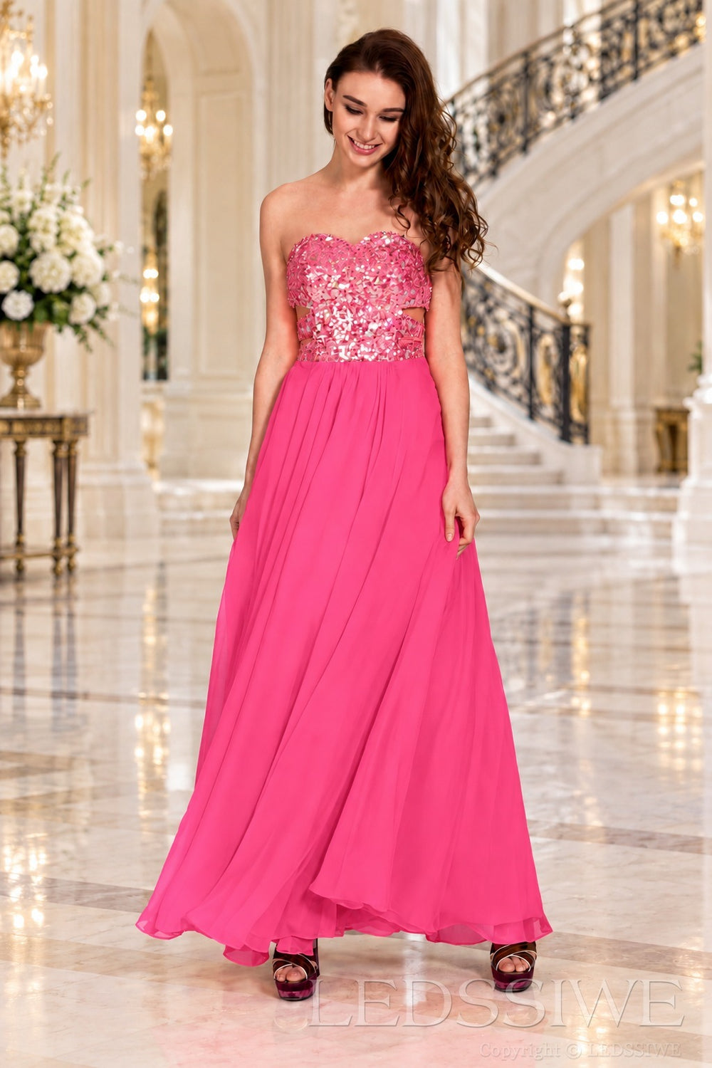 pink strapless sequin sweetheart a-line prom dress with cutout corset bodice