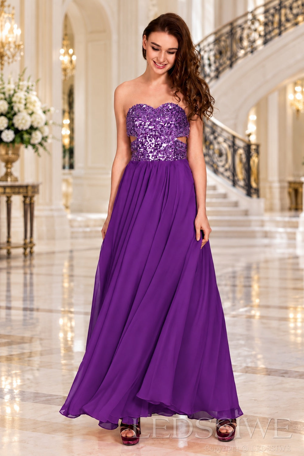 purple strapless sequin sweetheart a-line prom dress with cutout corset bodice
