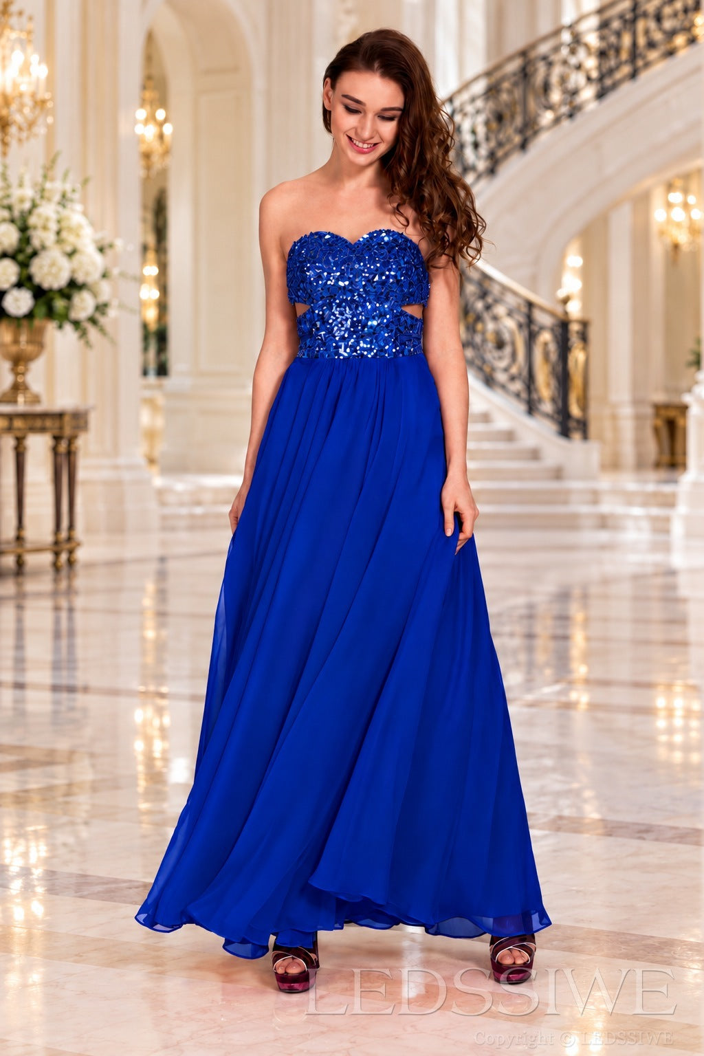 royal-blue strapless sequin sweetheart a-line prom dress with cutout corset bodice