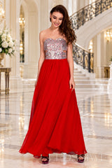 red strapless sequin sweetheart a-line prom dress with cutout corset bodice front view