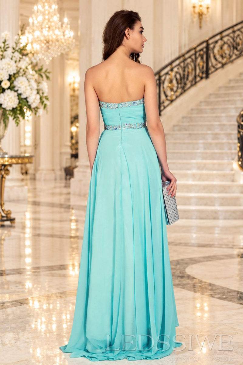 turquoise strapless chiffon sweetheart a-line prom dress with beaded trim back view