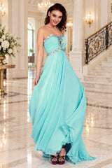 turquoise strapless chiffon sweetheart a-line prom dress with beaded trim side view